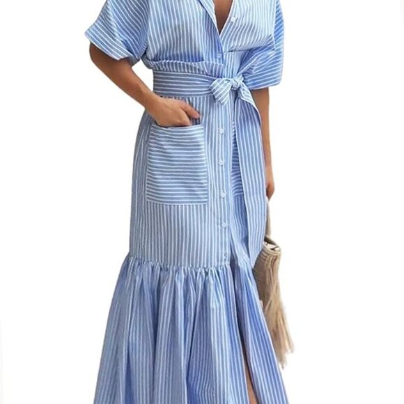 utcoco Dresses & Skirts - 💙 Blue & White Striped Button-Down Maxi Dress w/ Tie Belt | L